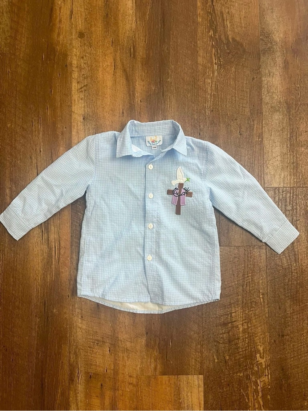 Light Blue Boys' Button-Up Shirt with Embroidered Cross Accent
